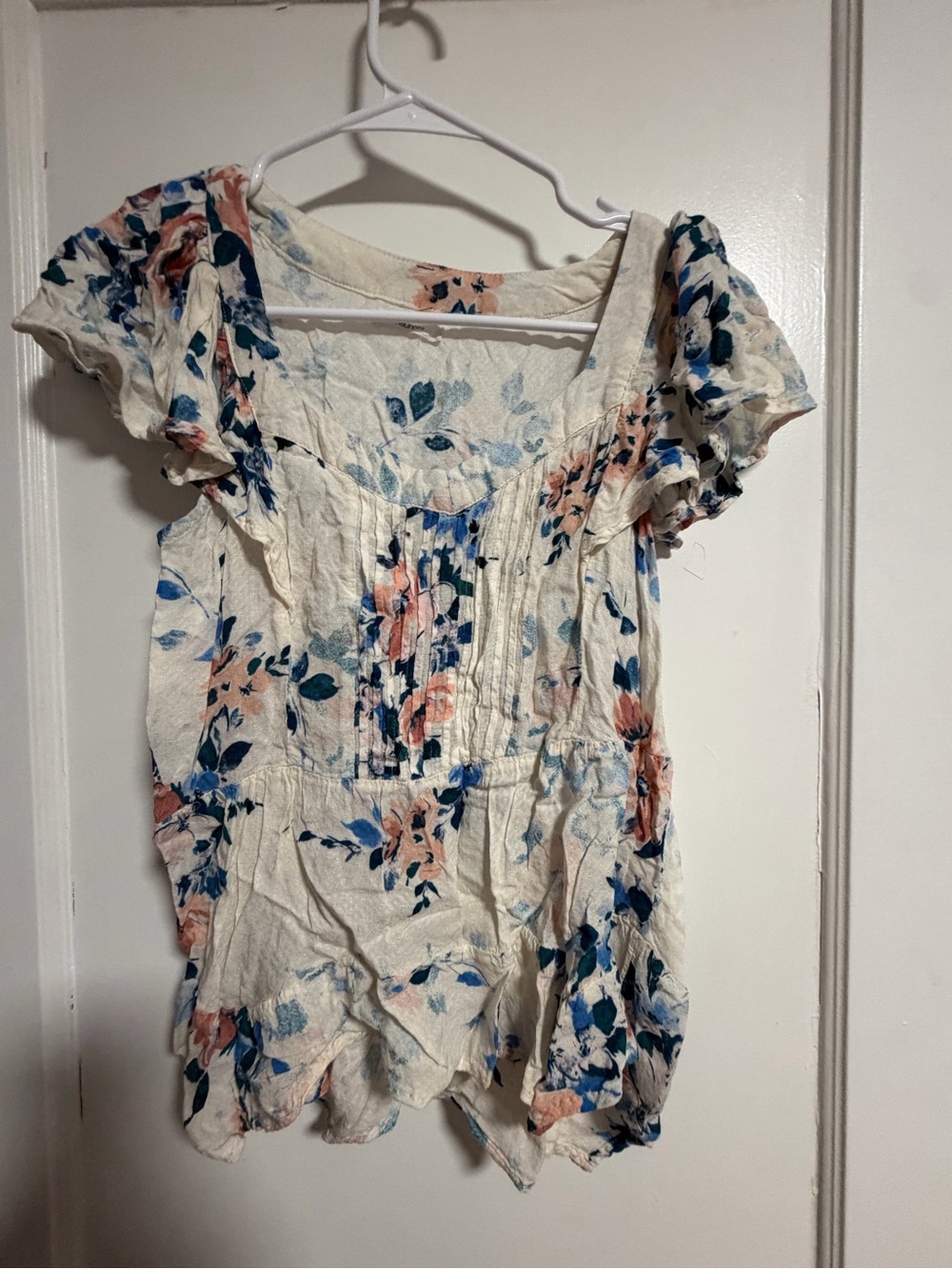 Maurices Cream Floral Square-Neck Flutter Sleeve Blouse with Blue & Pink Accents